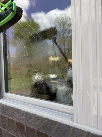 Close-up of a pure-water brush cleaning a window on a brick home
